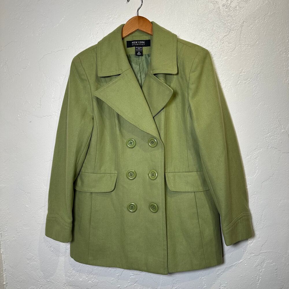 New York & Company Ladies Size 16 Wool Blend Peacoat Moss Green Double Breasted